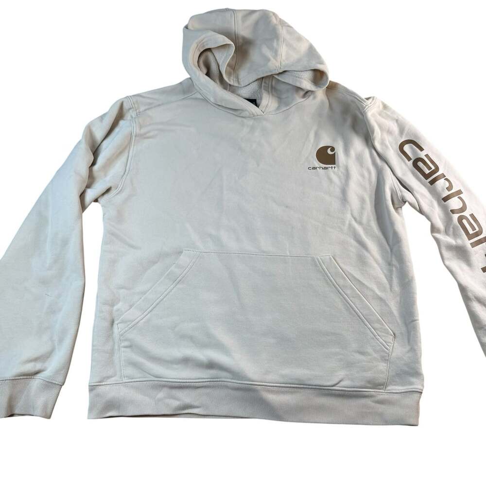 Carhartt Cream Beige Pullover Hoodie with Logo Sleeve Size XL 18-20